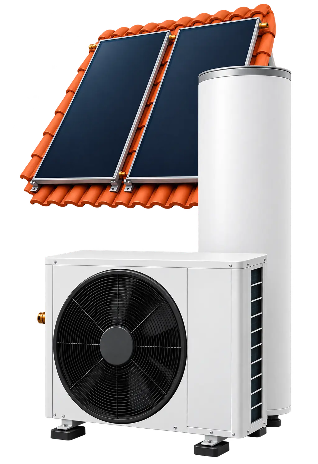 Illustration de capteurs solaires thermiques plans inclinés sur une toiture, d’un ballon de stockage et d’une pompe à chaleur extérieure