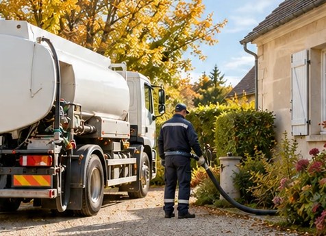 Livraison de fioul domestique par camion-citerne devant une maison