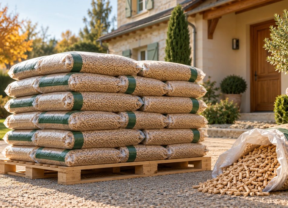 Palette de sacs de granulés de bois (pellets) livrée devant une maison
